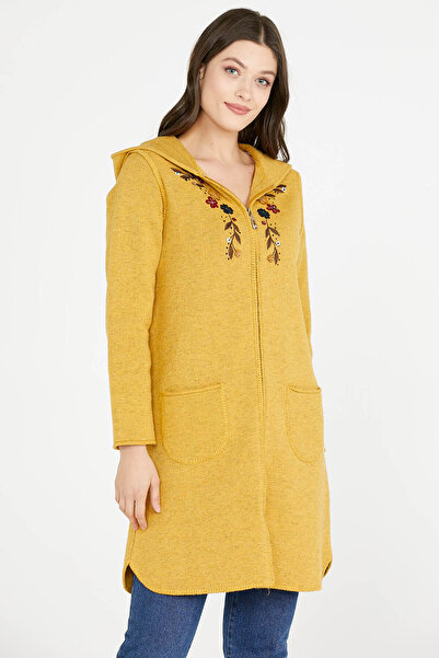 Sementa Embroidery Patterned Hooded Women's Knitwear Jacket - Sun