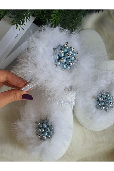 Fiyonks Atölye Feathered Pearled Maternity Slippers, Feathered Maternity Crown Slippers Set with Pearls