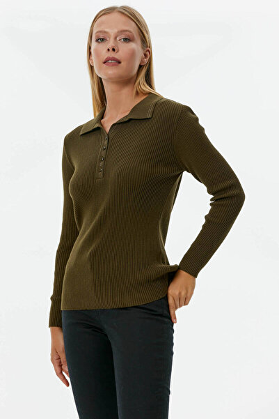 Sementa Pleated Polo Collar Buttoned Knitwear Sweater - Khaki