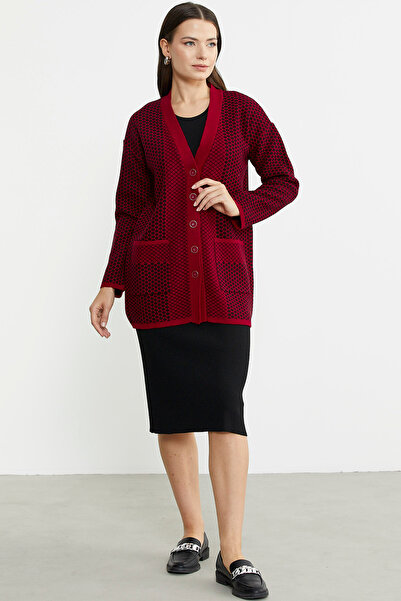 Sementa Red Oversize Knitwear Jacket - Pockets and Honeycomb Motif