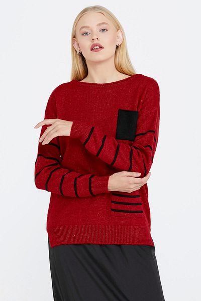Sementa Pocket Detailed Striped Women's Knitwear Sweater - Red
