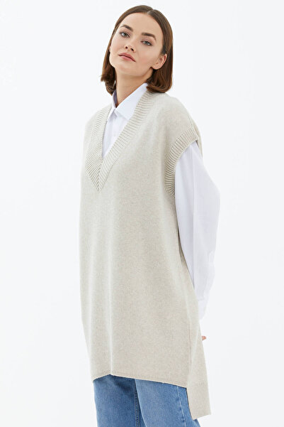 Sementa V-Neck Long Knitwear Sweater - Light Beige