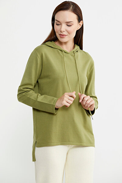 Sementa Kapüşonlu Arkası Uzun Triko Kazak - Fıstık Yeşili