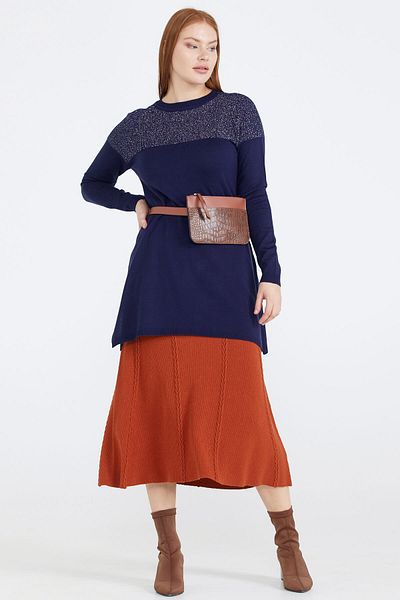 Sementa Null Collar Glittery Knitwear Women's Tunic - Navy Blue