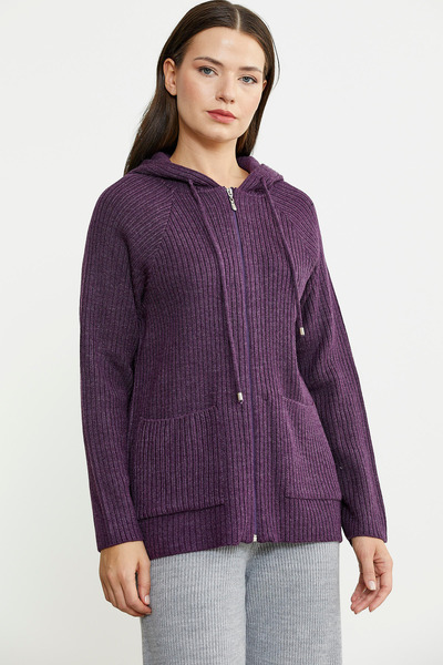 Sementa Kapüşonlu Tam Fermuarlı Yünlü Triko Hırka - Mor