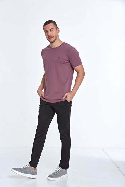 Voltaj Вишита бавовняна футболка з V-подібним вирізом для чоловіків Plum