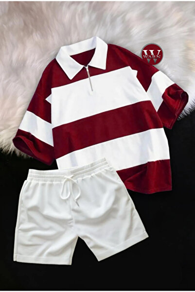 warn Unisex Parçalı Polo Yaka Yarım Fermuar Tişört Şort Takım-overisize Siyah...