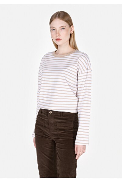 Colin's Γυναικείο μπλουζάκι με μακρυμάνικο μπεζ ριγέ στρογγυλή λαιμόκοψη