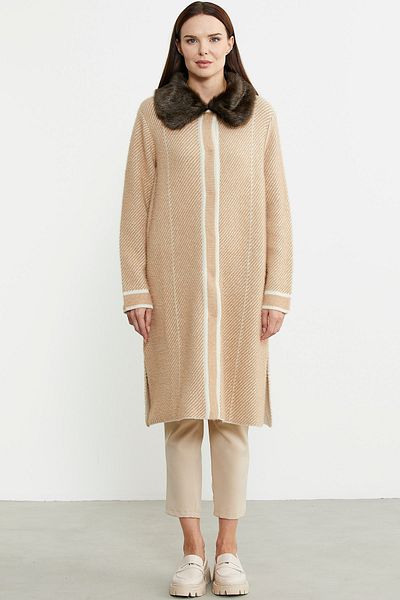 Sementa Cardigan lung de tricotaje bej - Detaliu guler de blană artificială