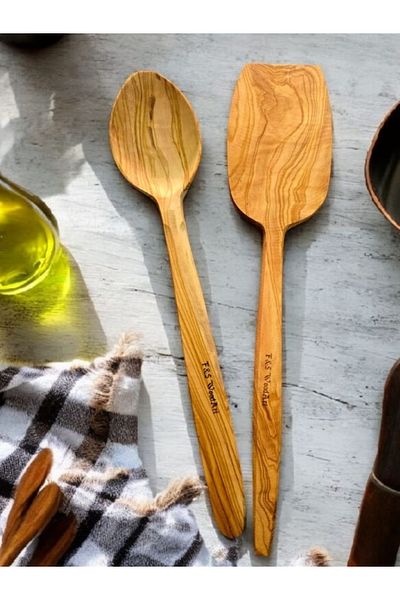 F&S WoodArt Olive Tree Set of 2 Wooden Spatula Wooden Pot Spoon 29 cm