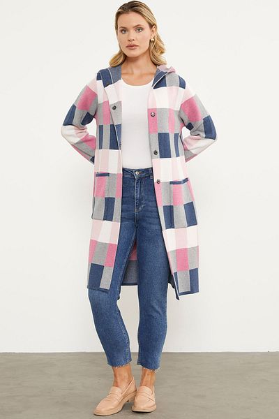 Sementa Cardigan lung colorat cu model bloc - Indigo