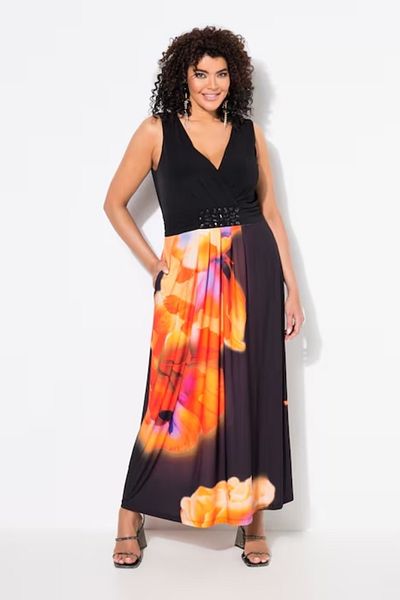 Şans Large Size Black Jarsel Black Waist Stone Work Pocket Long Dress 65N38936