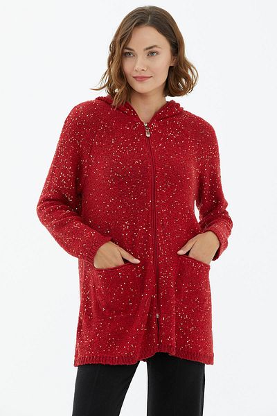 Sementa Hooded Zippered Sequin Knitwear Cardigan - Red