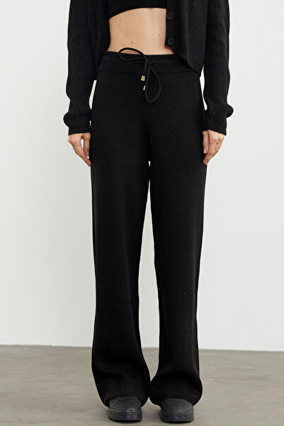 Sementa Thin Corded Elastic Waist Knitwear Trousers - Black