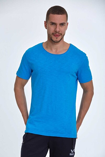 Voltaj Μπλουζάκι με λουκάνικο γιακά με φλάντζα μονό ζέρσεϊ βαμβακερό μπλε