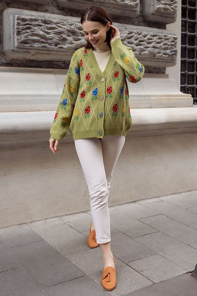 Sementa V-Neck Buttoned Rose Patterned Knitwear Cardigan Green
