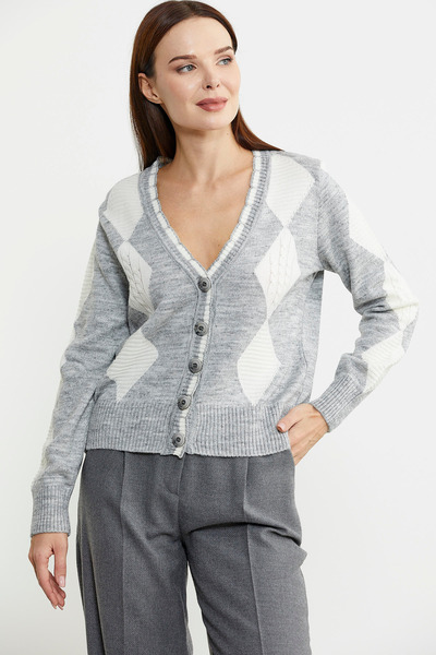 Sementa Gray Diamond Patterned Double Colored Wool Knitwear Cardigan