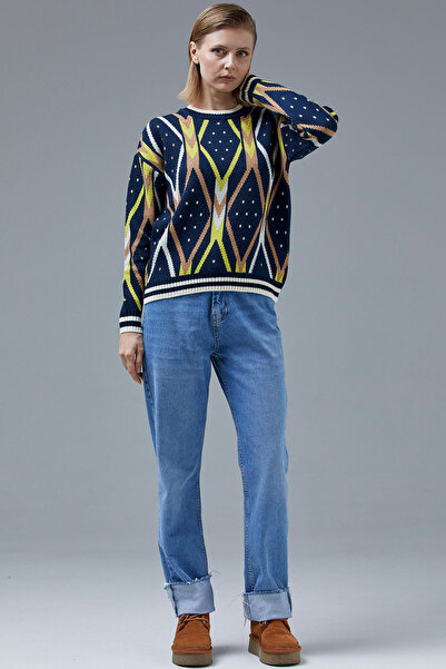 Sementa Colorful Diamond Patterned Wool Knit Sweater - Navy Blue