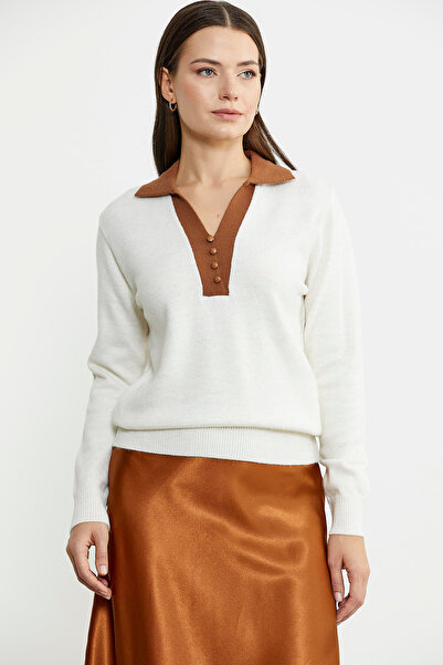Sementa Color Combination Polo Collar Knitwear Sweater - Bone