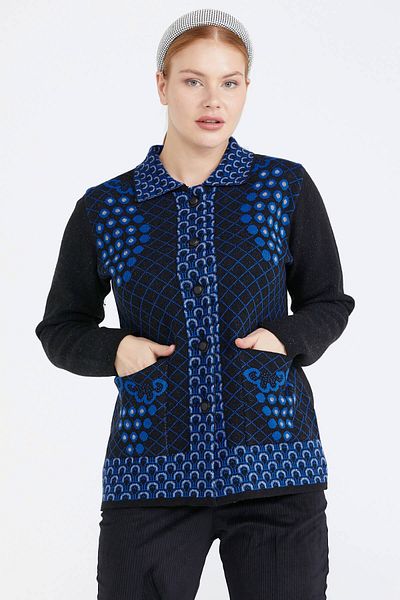 Sementa Jachetă de tricotaj pentru damă cu modele colorate cu guler polo - negru - gri