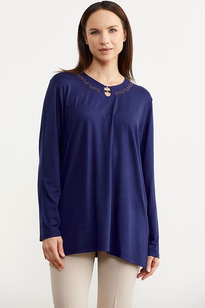 Sementa Tricou din bumbac pieptănat cu mânecă lungă cu guler brodat - Indigo