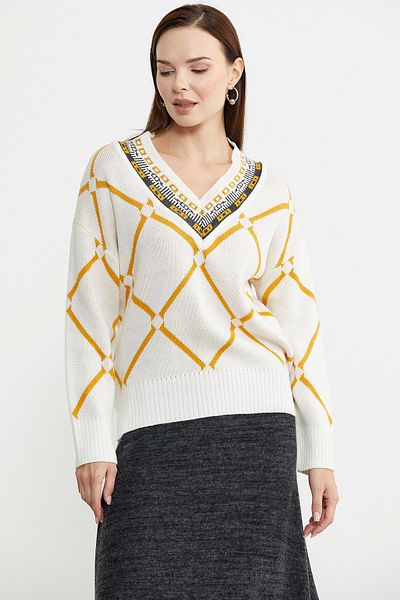 Sementa Wool Knitwear Sweater - Jacquard and Multi-Pattern, Bone Model