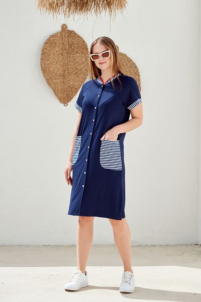 Sementa Rochie de bumbac pieptănat cu nasturi cu detaliu marin - Albastru Marin