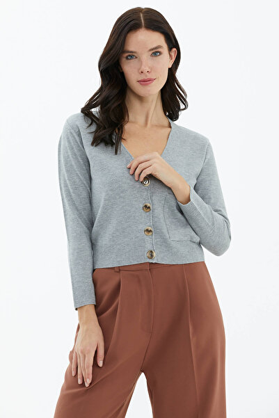 Sementa Светр з V-подібним коміром, кишенями та ґудзиками, світло-сірий