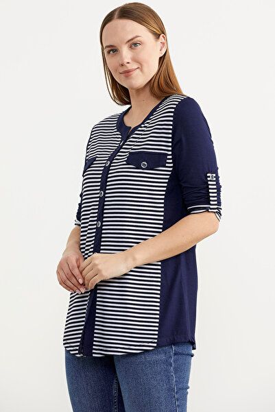 Sementa Ριγέ μπλουζάκι τσέπης τριών τετάρτων - Navy Blue
