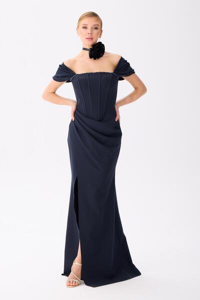 Carmen Lacivert Sırtı Bağlamalı Krep Abiye Elbise