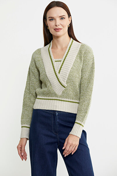 Sementa Бежевий трикотажний светр з глибоким V-подібним вирізом і смужками