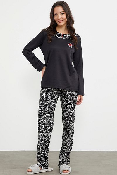 Sementa Set pijama cu maneci lungi cu model mixt - negru