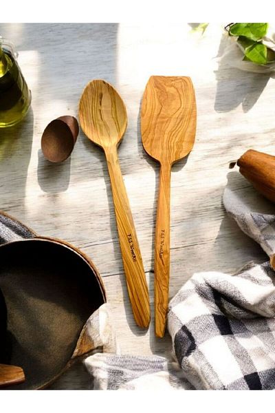 F&S WoodArt Olive Tree Set of 2 Wooden Spatula Wooden Pot Spoon 29 cm