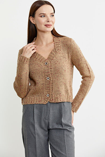 Sementa Camel Colored Grizzled Collar Wool Knitwear Cardigan