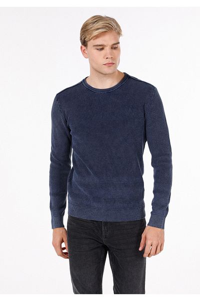 Colin's Pulover albastru pentru bărbați, cu gât rotund, jacquard