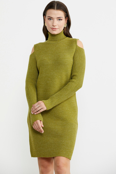 Sementa Omuzları Açık Tam Balıkçı Triko Elbise - Yeşil