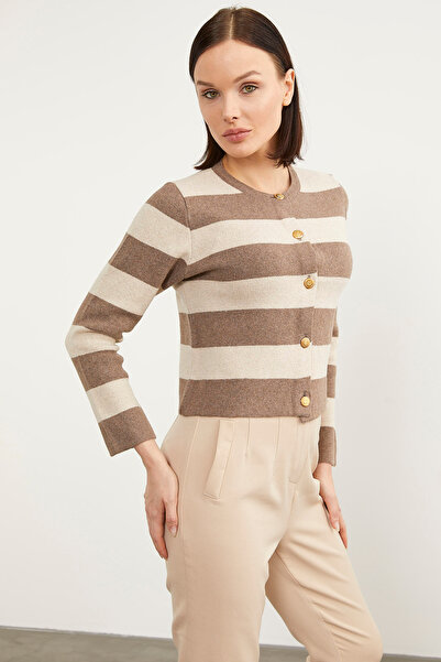 Sementa Ριγέ Κοντό Πλεκτό Ζακέτα - Milk Coffee