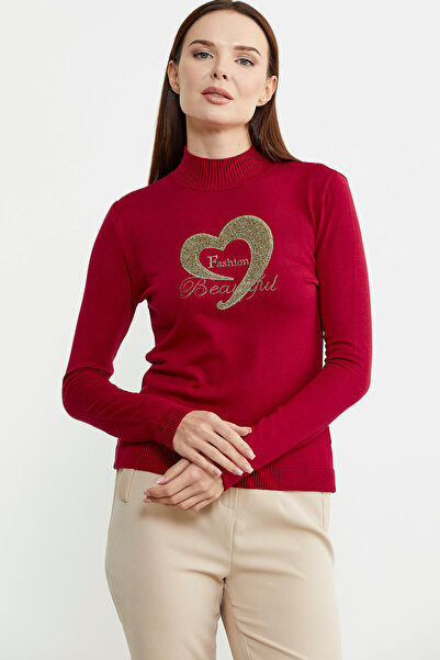 Sementa Red Stand Collar and Glitter Detailed Knitwear Sweater
