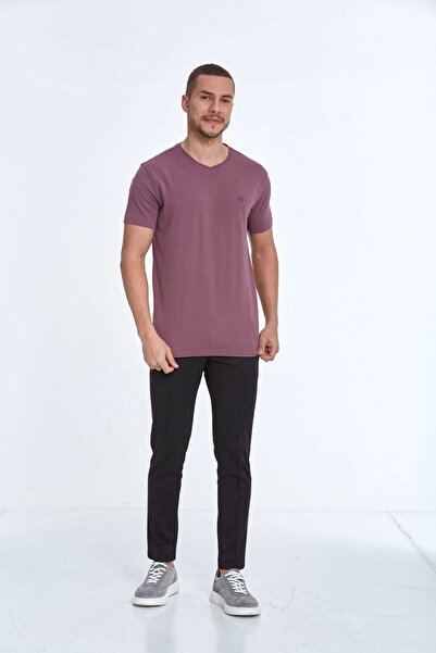Voltaj Вишита бавовняна футболка з V-подібним вирізом для чоловіків Plum