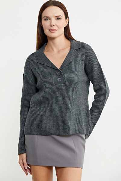 Sementa Gray Thick Knitwear Sweater - Shirt Collar and Button Detail