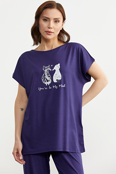 Sementa Navy Blue Printed Trousers and Blouse Combed Cotton Set