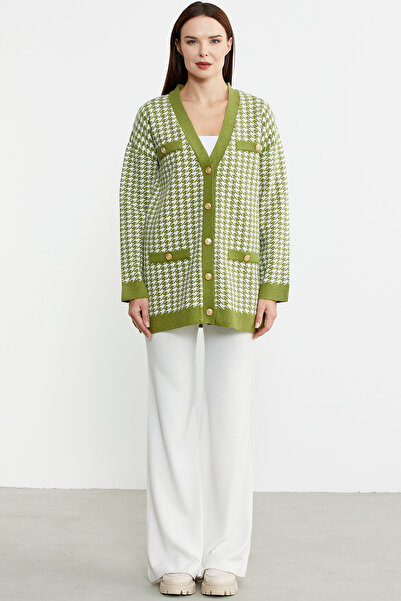 Sementa Green Oversize Knitwear Jacket - Houndstooth Motif