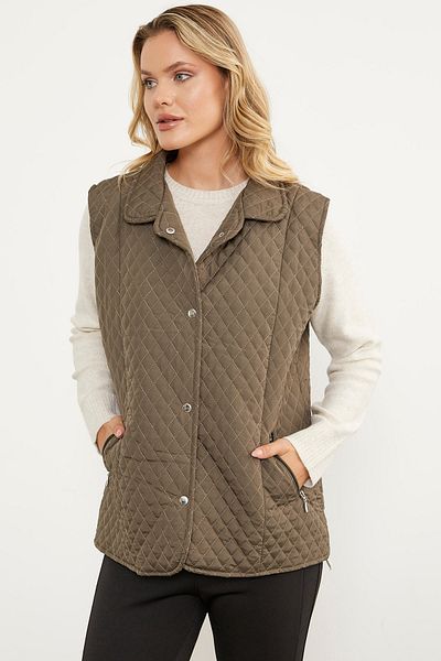 Sementa Snap Fastener Zipper Pocket Quilted Vest - Khaki