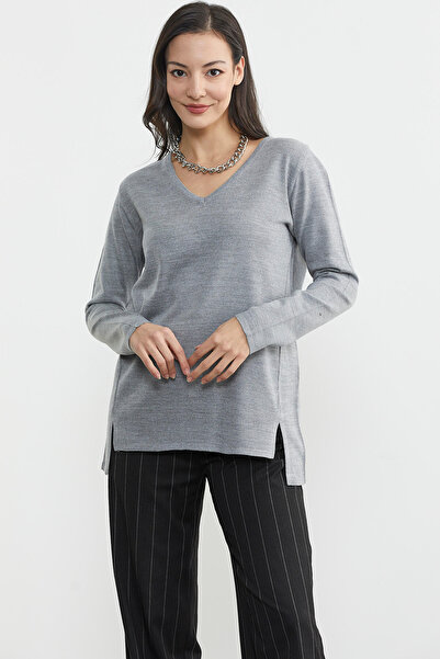 Sementa Long Back V-Neck Sweater - Gray