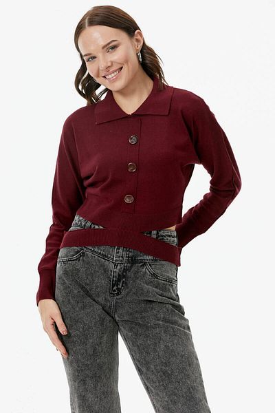 Sementa Piesă Detaliată Guler Polo Tricotaj cu nasturi Crop Roșu Claret