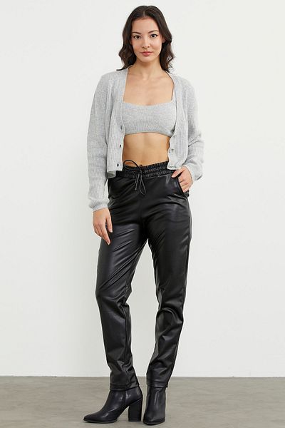 Sementa Pantaloni din piele artificială cu talie elastică - negri