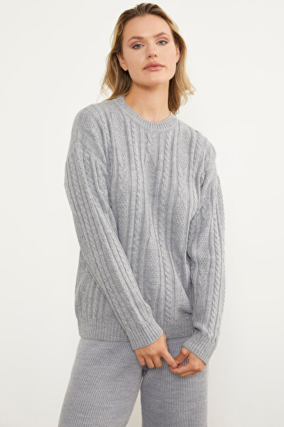 Sementa Basic Knitwear Sweater with Hair Braid Detail - Gray