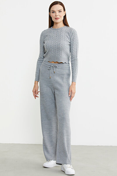 Sementa İnce Fitilli Beli Lastikli Triko Pantolon - Gri