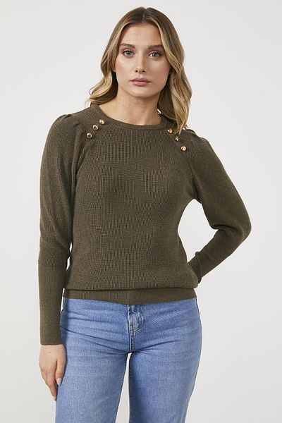 Sementa Crew Neck Buttoned Shoulders Knitwear Sweater - Khaki