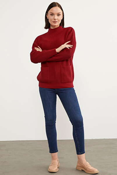 Sementa Honeycomb Knit Stand Collar Knitwear Sweater - Red